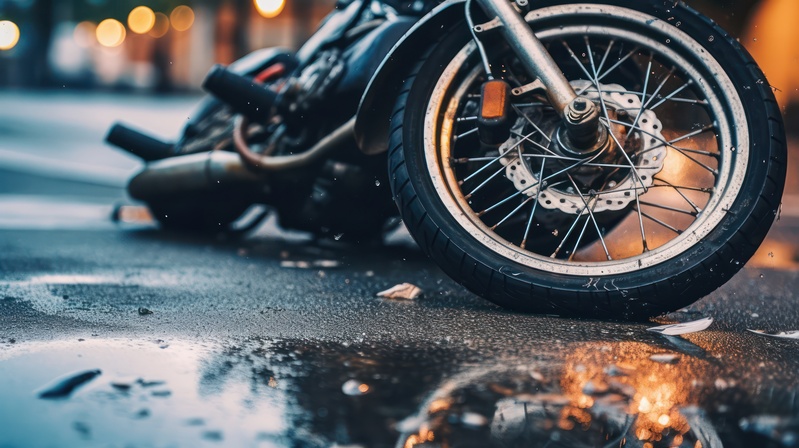 broken motorcycle on the roadway.bicycle wheel after an accident on the road