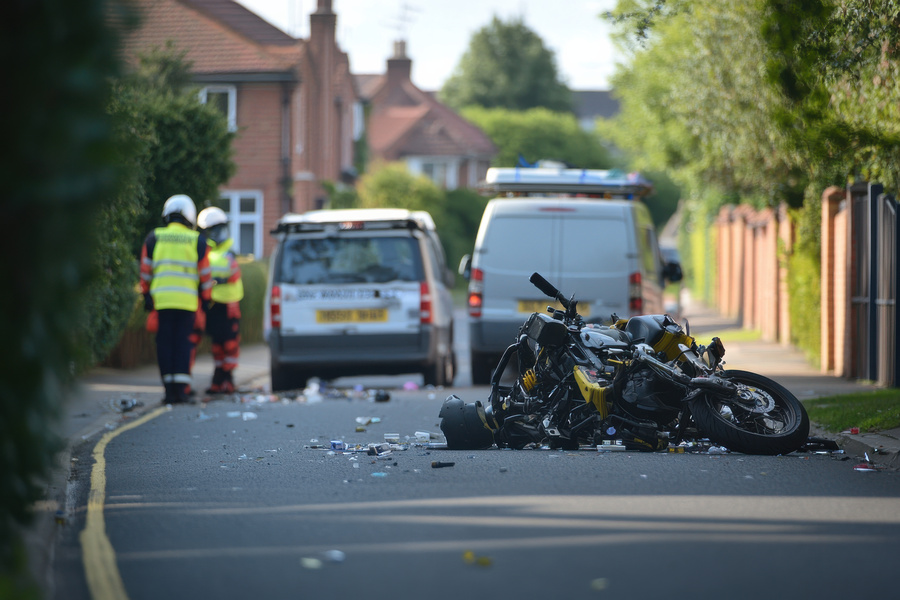 After an accident an overturned motorbike near a van