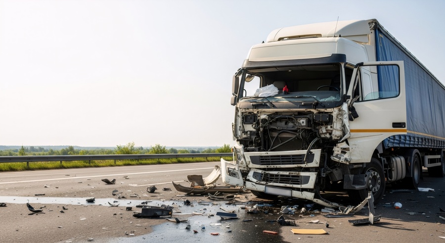 Large white truck severely damaged after a major road accident on highway. Debris scattered on asphalt road