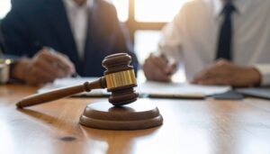 wooden gavel on a lawyers desk, lawyer with client discussing defective product case in the background