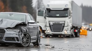 A luxury car collides with the side of a semi-truck in a serious accident on a modern highway. Wreckage and damaged front.