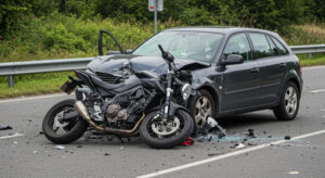 Motorcycle accident involving car on roadside after collision